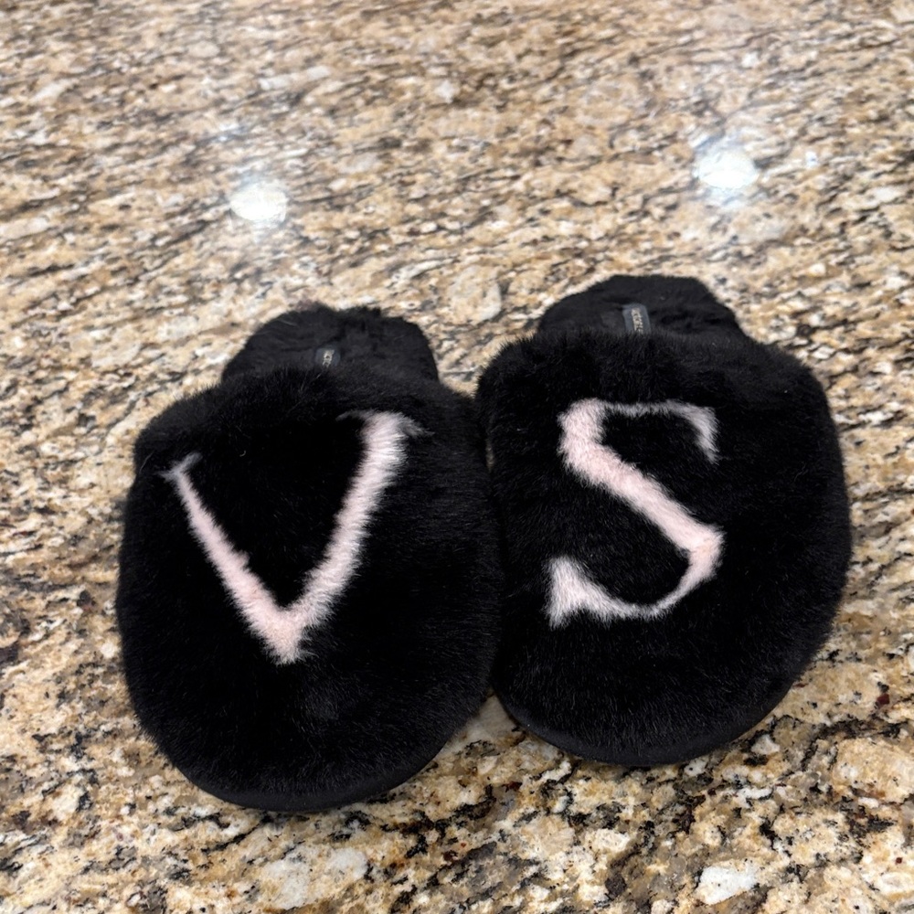 Victoria's Secret Black Fuzzy Slippers with White Logo